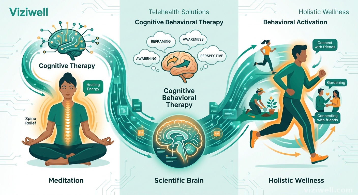 Illustration combinant méditation, thérapie cognitive et activation comportementale reliées par des flux numériques de télésanté