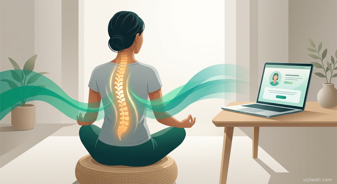 Illustration d'une personne méditant avec une visualisation de la colonne vertébrale en guérison et un écran de téléconsultation
