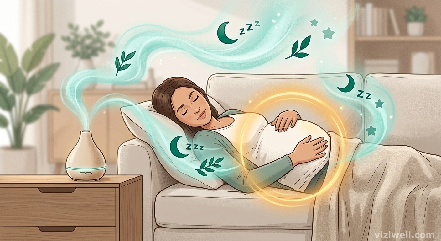 Illustration d'une femme enceinte au repos avec un diffuseur d'huiles essentielles, entourée de brumes apaisantes de lavande et camomille