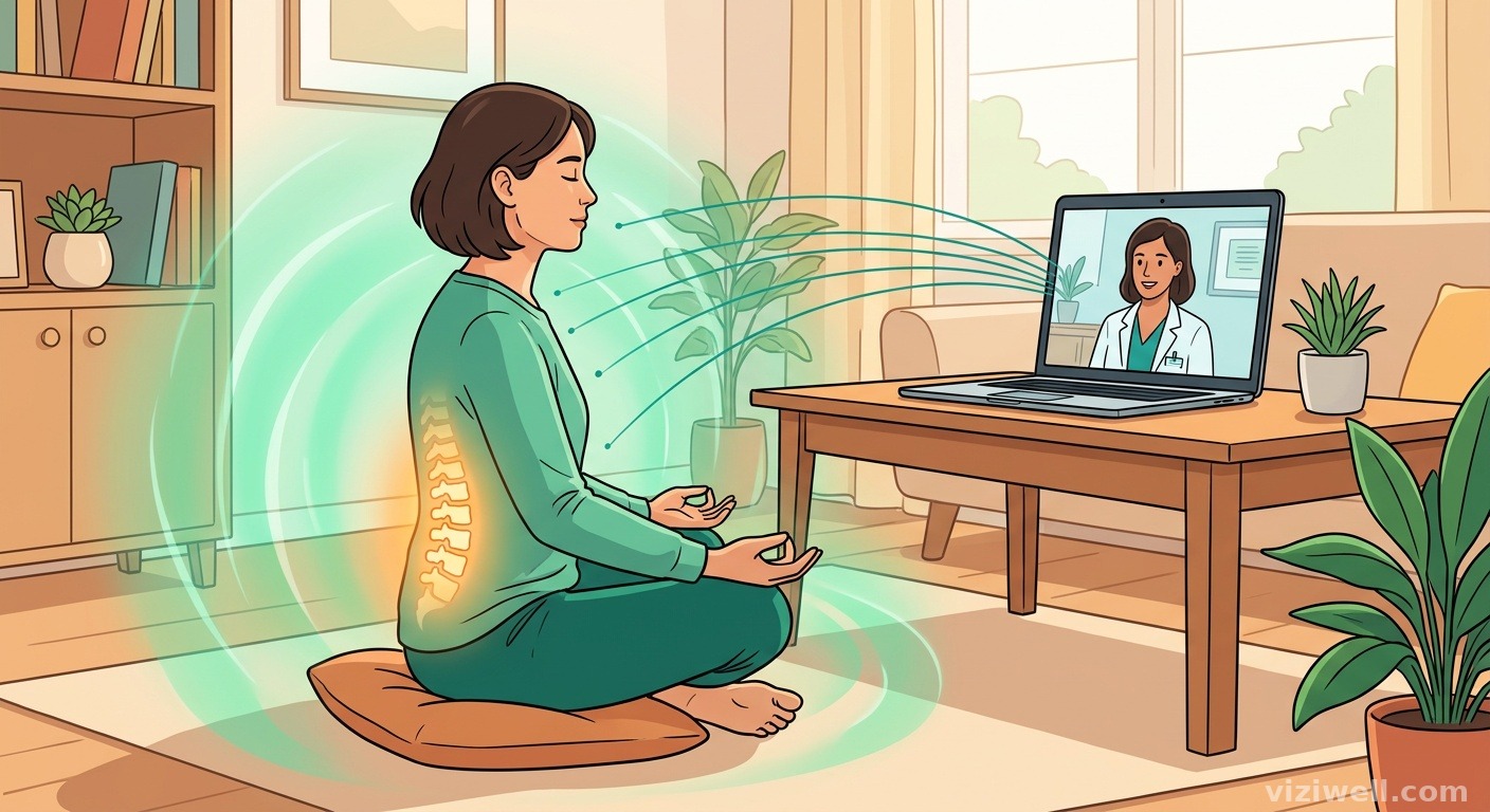 Illustration d'une personne méditant chez elle devant un écran de téléconsultation, avec des ondes de pleine conscience et un soulagement du dos