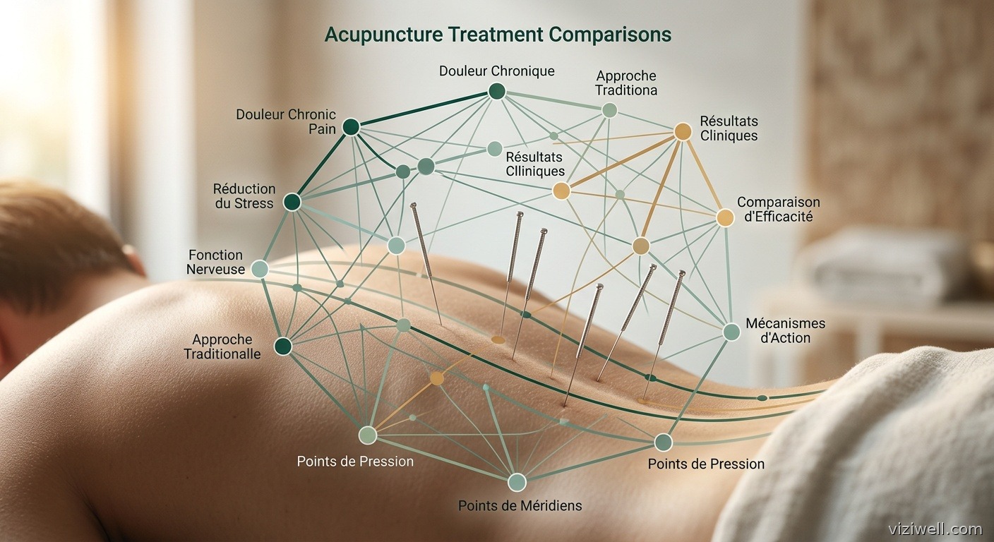 Aiguilles d'acupuncture sur les points méridiens du bas du dos avec diagramme de méta-analyse en réseau