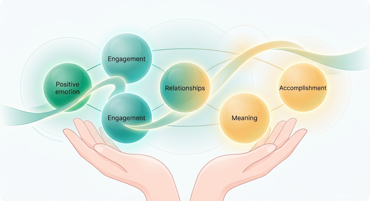 Illustration des cinq piliers PERMA de psychologie positive sous forme de sphères lumineuses interconnectées symbolisant le bien-être des patients cancéreux
