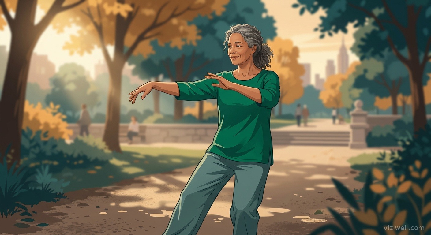 Femme pratiquant le tai chi dans un parc urbain ensoleillé, en posture gracieuse de mains nuages