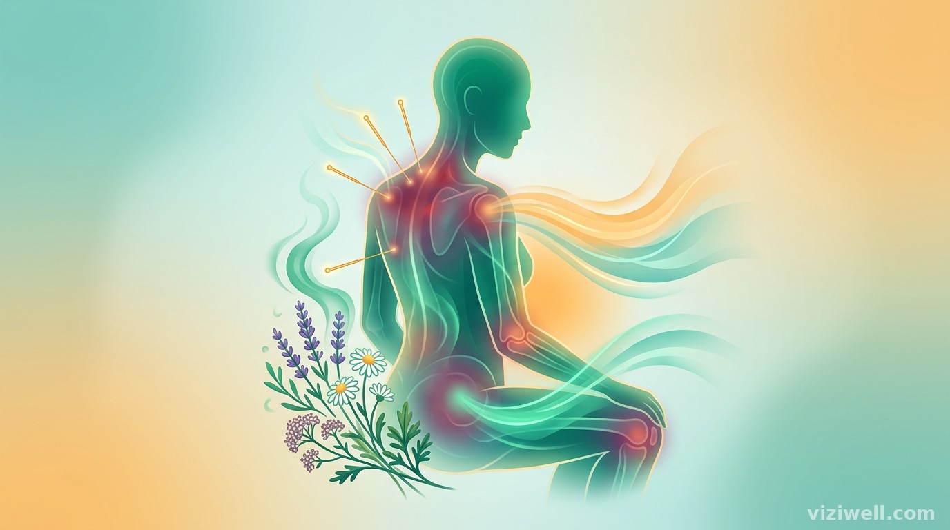 Corps humain avec points de douleur fibromyalgiques apaisés par différentes modalités de médecine complémentaire