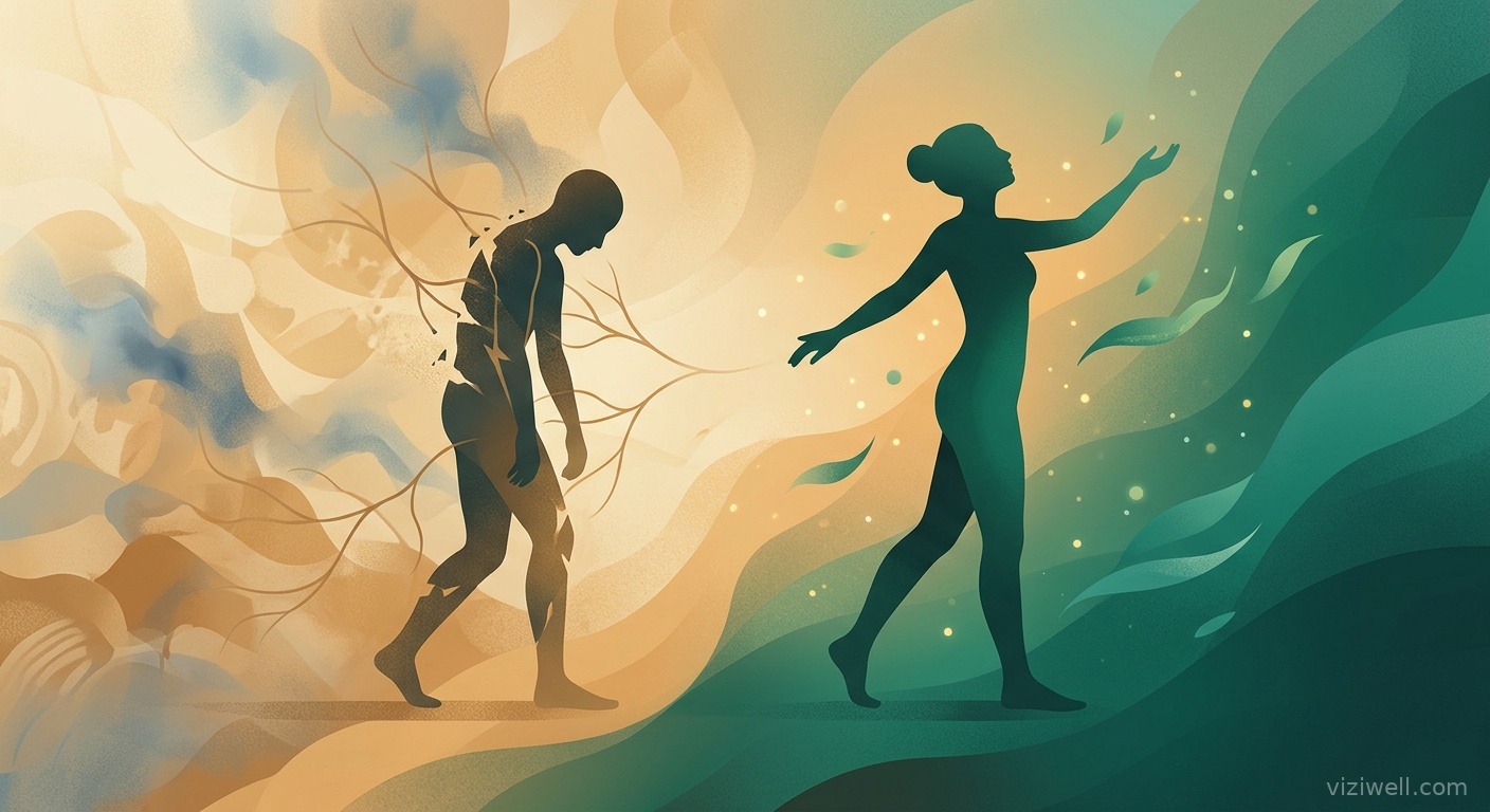 Silhouette humaine illustrant le soulagement de la fibromyalgie, transition de la douleur vers le bien-être