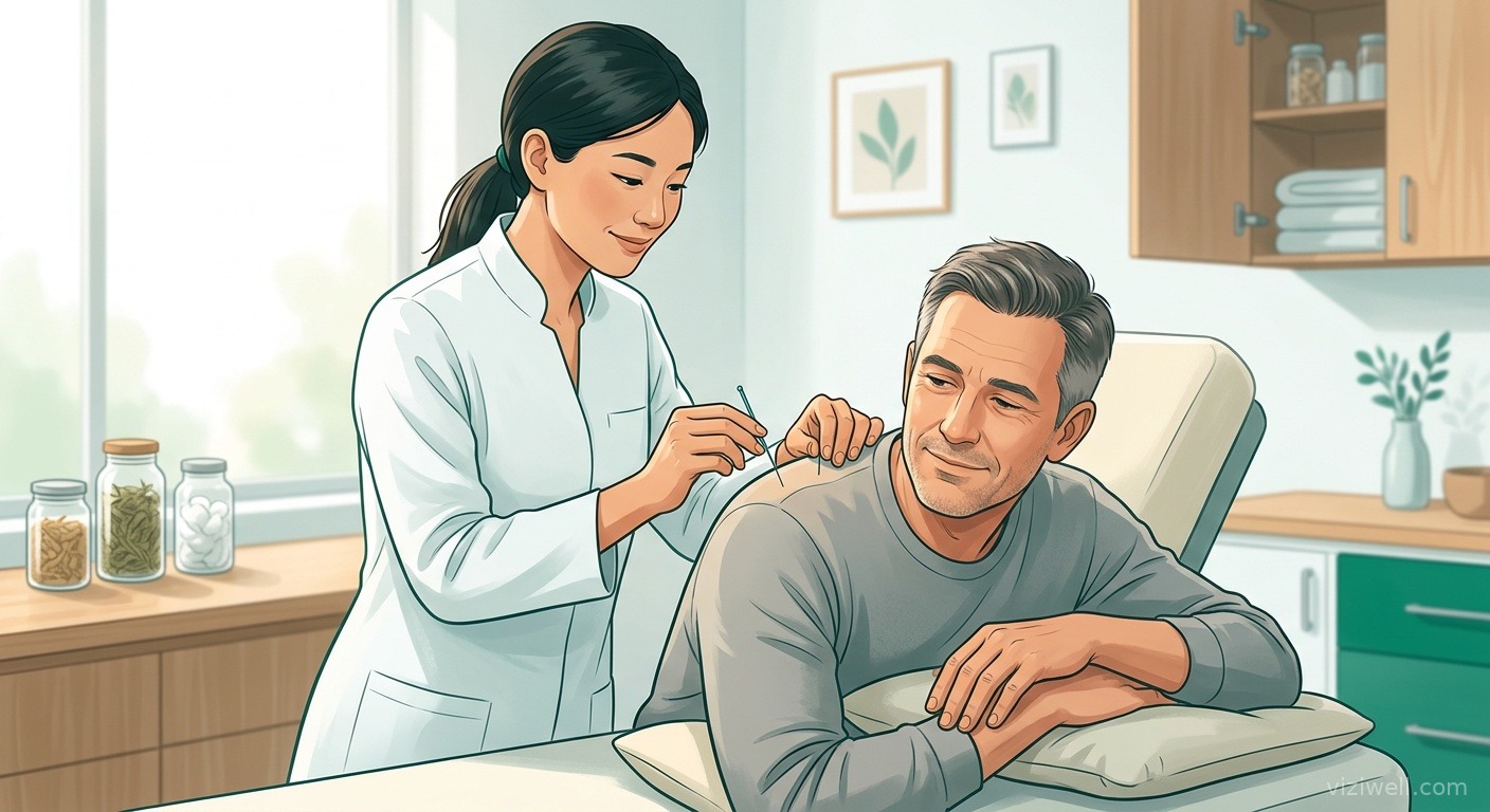 Praticien d'acupuncture plaçant délicatement une aiguille fine sur l'épaule d'un patient dans un cadre clinique moderne