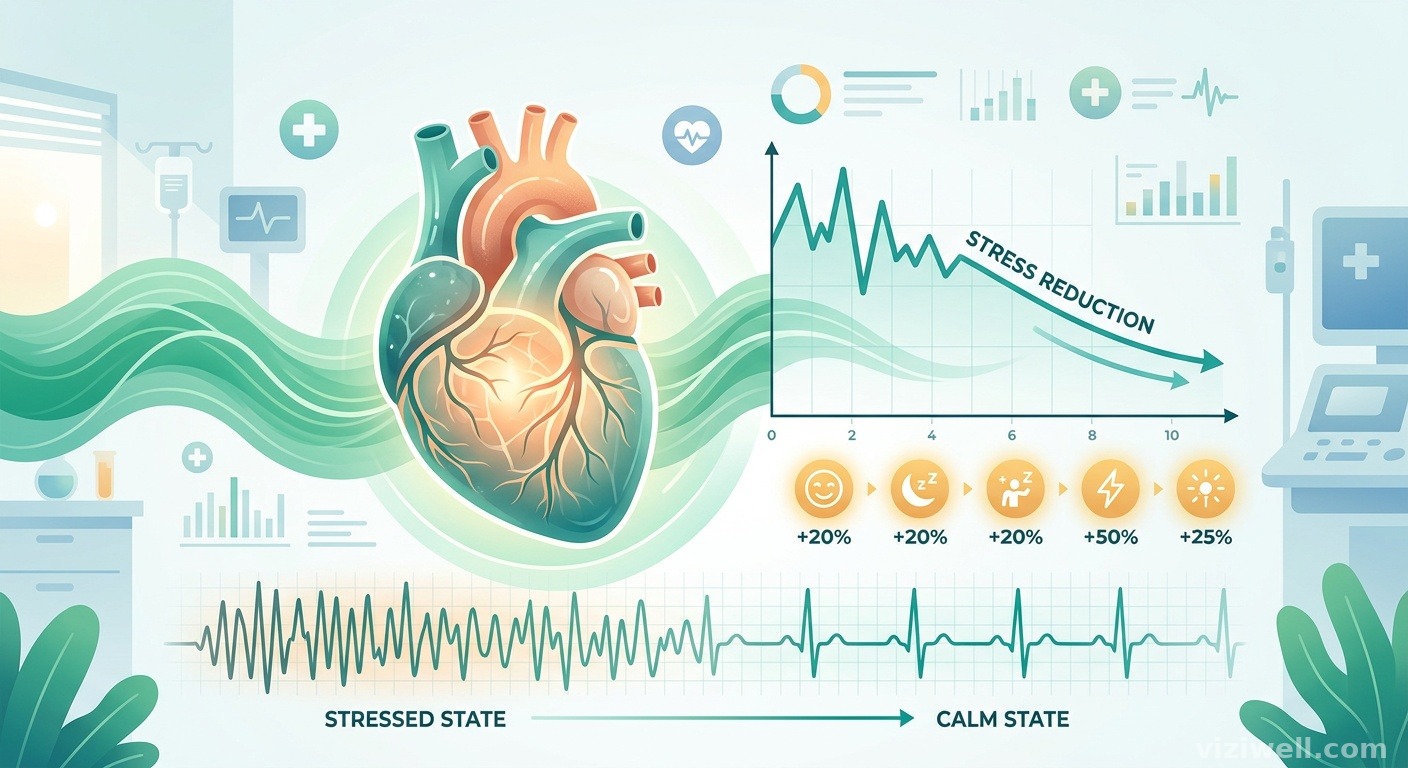 Illustration d'un cœur stylisé entouré d'ondes de relaxation avec un rythme ECG passant du stress au calme, en contexte cardiologique