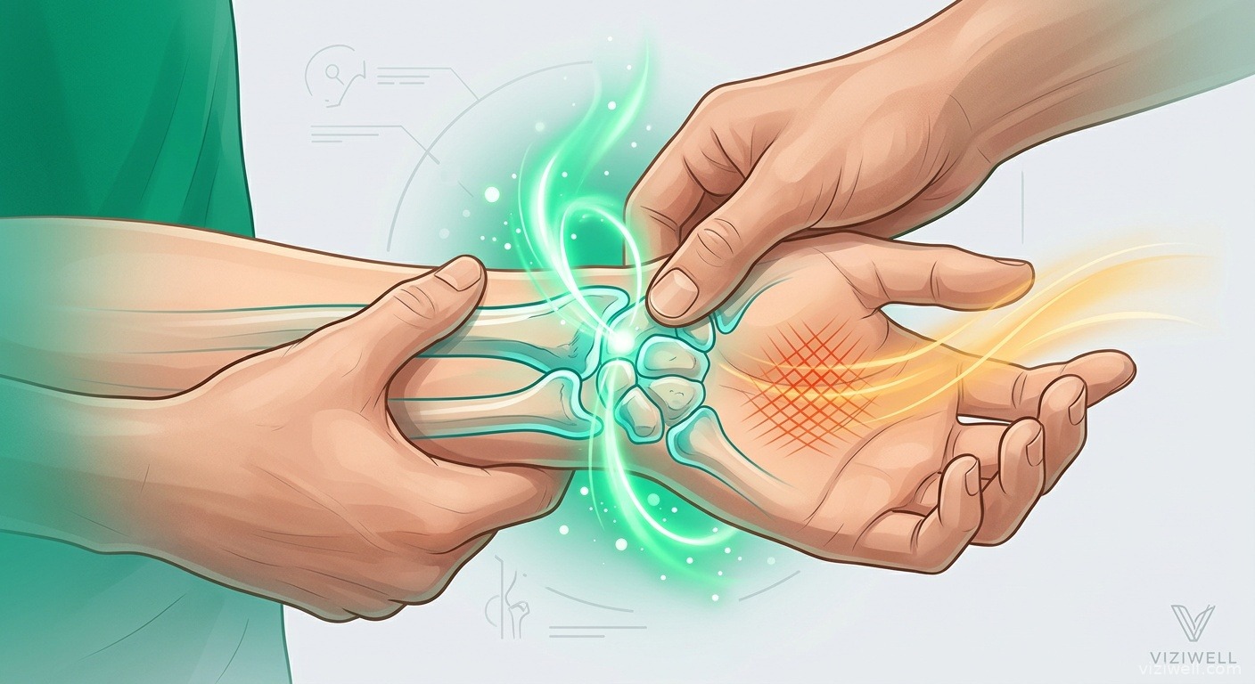 Mains d'ostéopathe traitant une articulation avec énergie thérapeutique émeraude irradiant du point de traitement