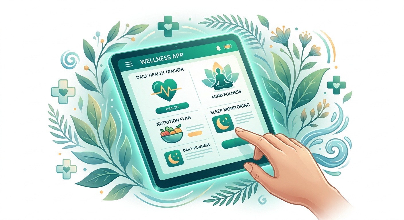 Tablette numérique affichant une application de médecine intégrative entourée d'éléments botaniques