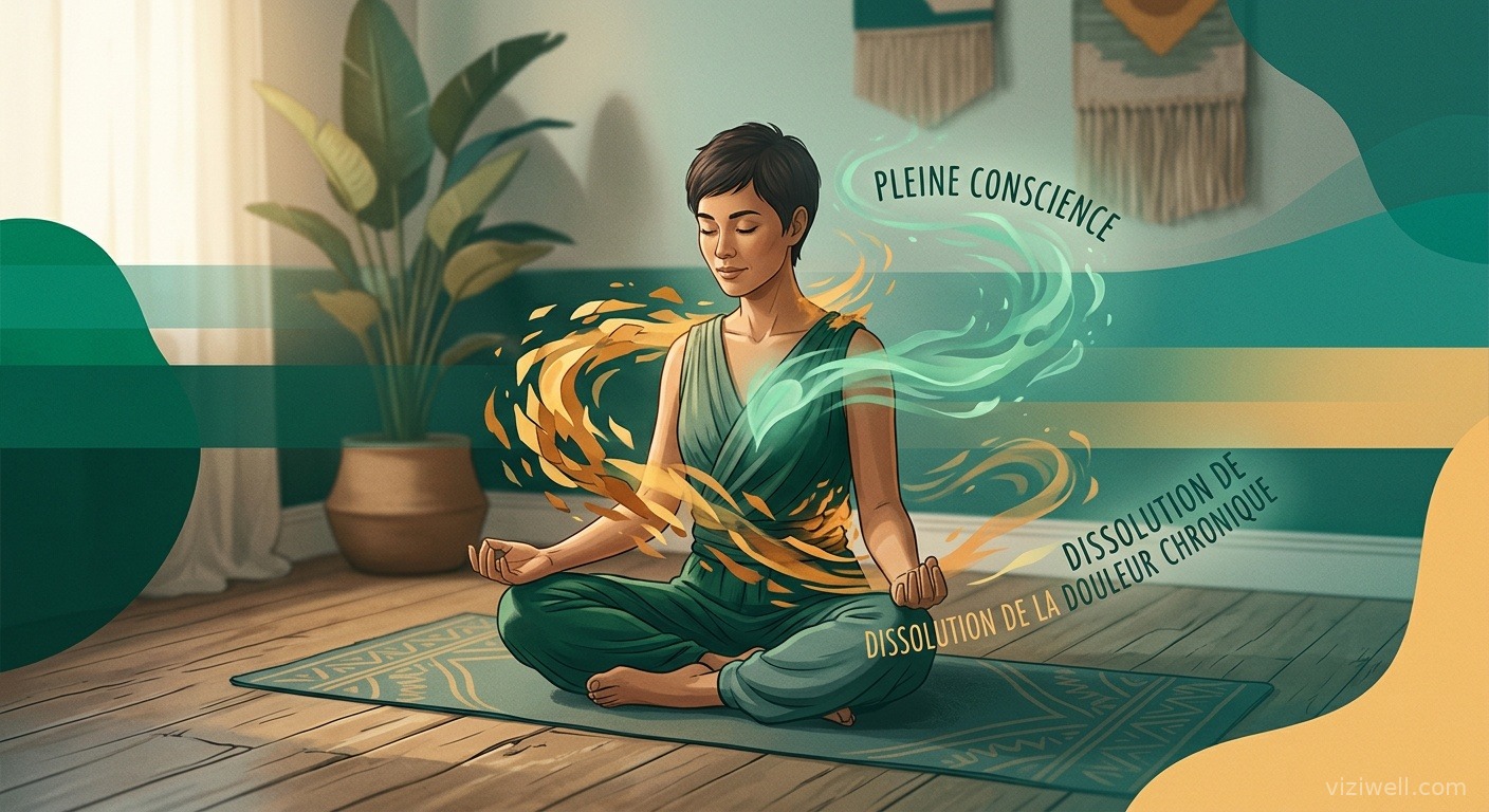 Personne en méditation MBPM avec visualisation de la douleur chronique se dissolvant dans la pleine conscience