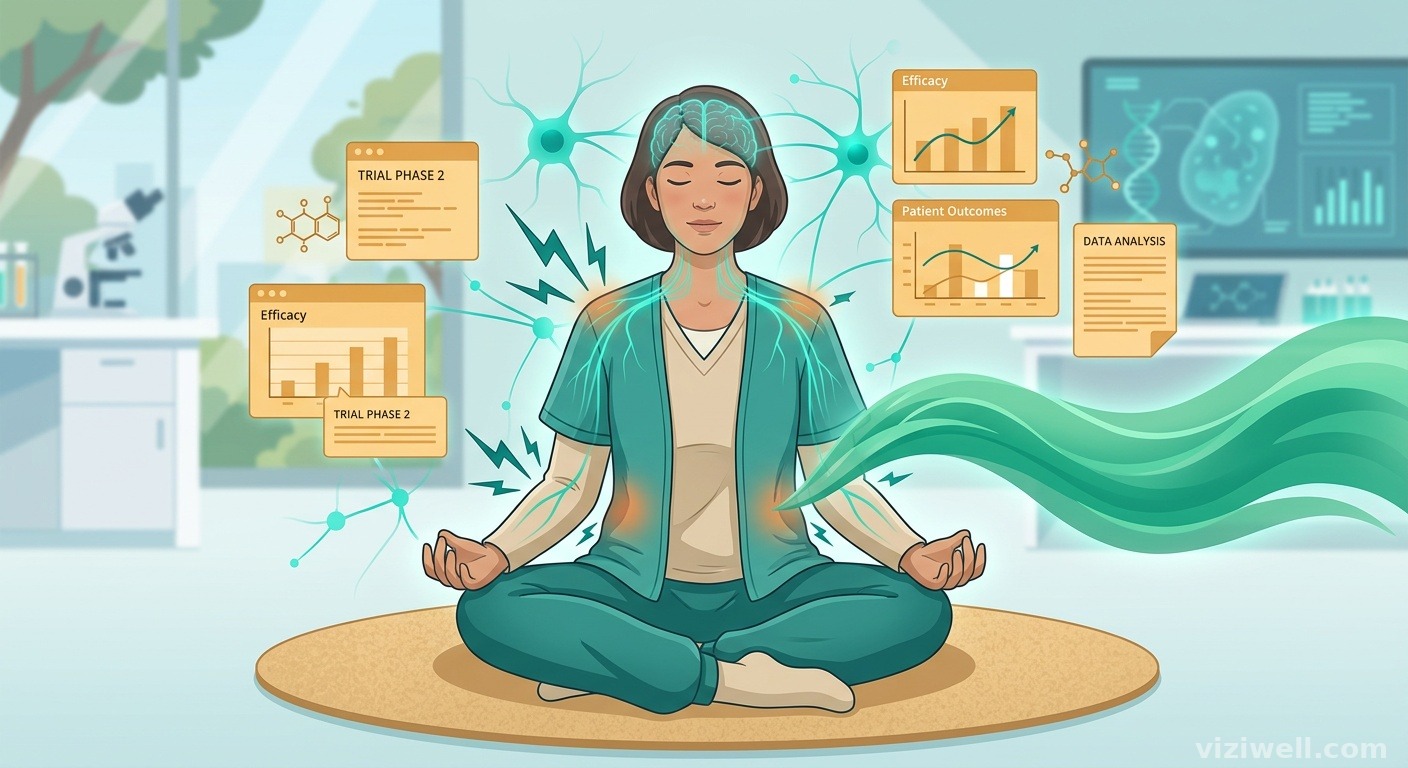 Illustration d'une personne en position de lotus avec des signaux de douleur se transformant en ondes apaisantes, dans un cadre de recherche médicale