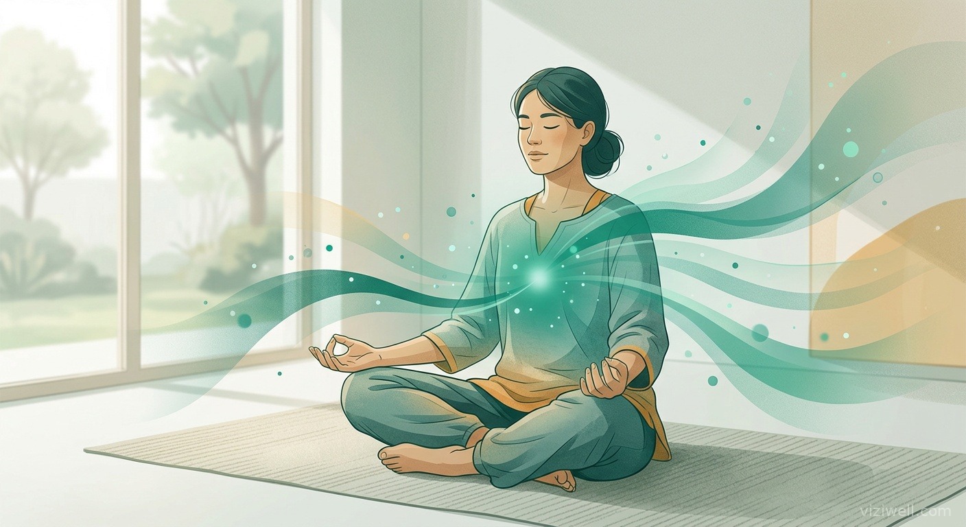 Personne en posture de méditation pleine conscience avec ondes de calme émeraude irradiant du centre du corps