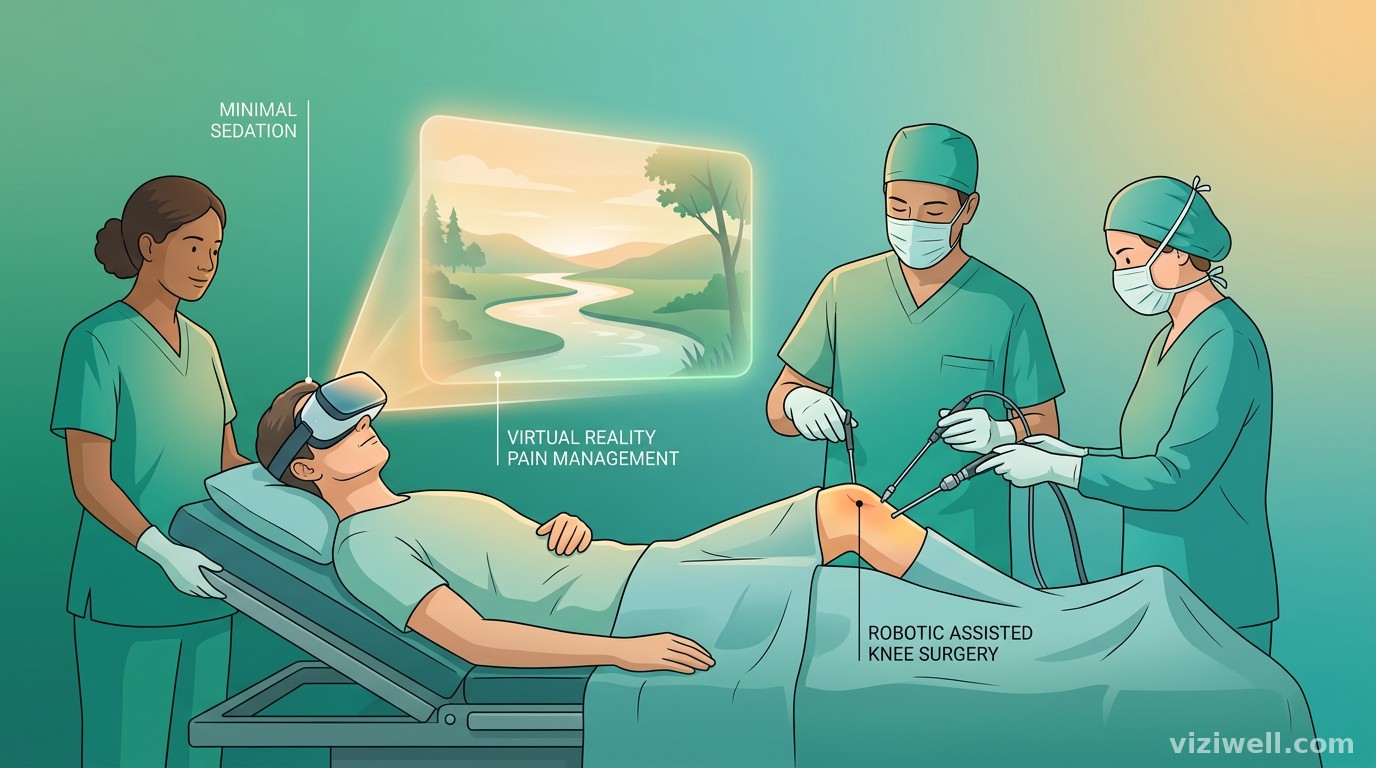 Patient portant un casque de réalité virtuelle pour une séance d'hypnose lors d'une chirurgie du genou