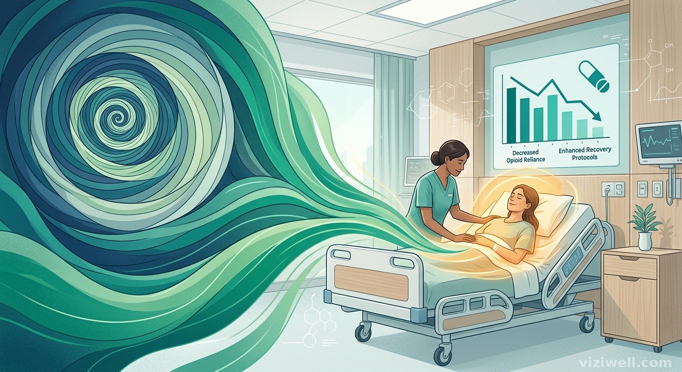Illustration d'une spirale hypnotique se transformant en ondes de guérison dans une salle de récupération chirurgicale, avec un graphique de réduction des opioïdes