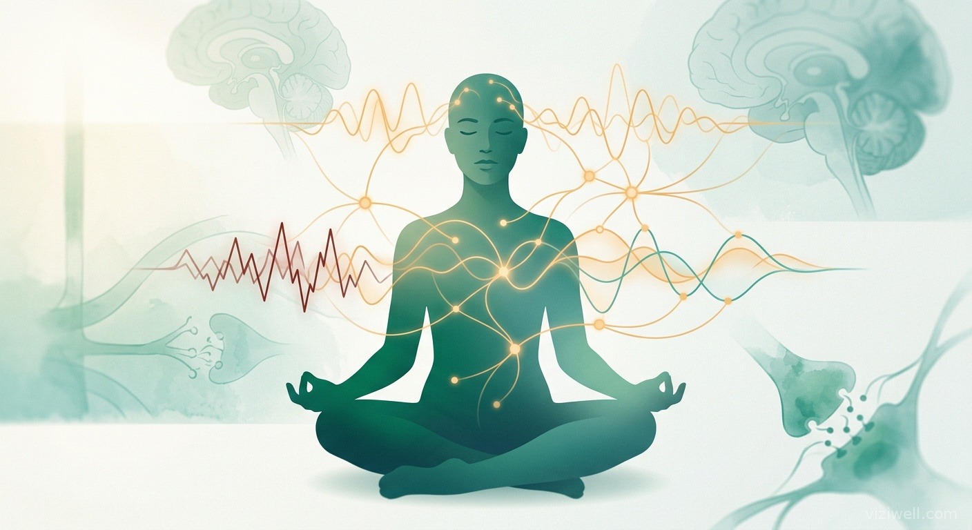 Silhouette humaine en relaxation profonde entourée d'ondes cérébrales et connexions neuronales lumineuses