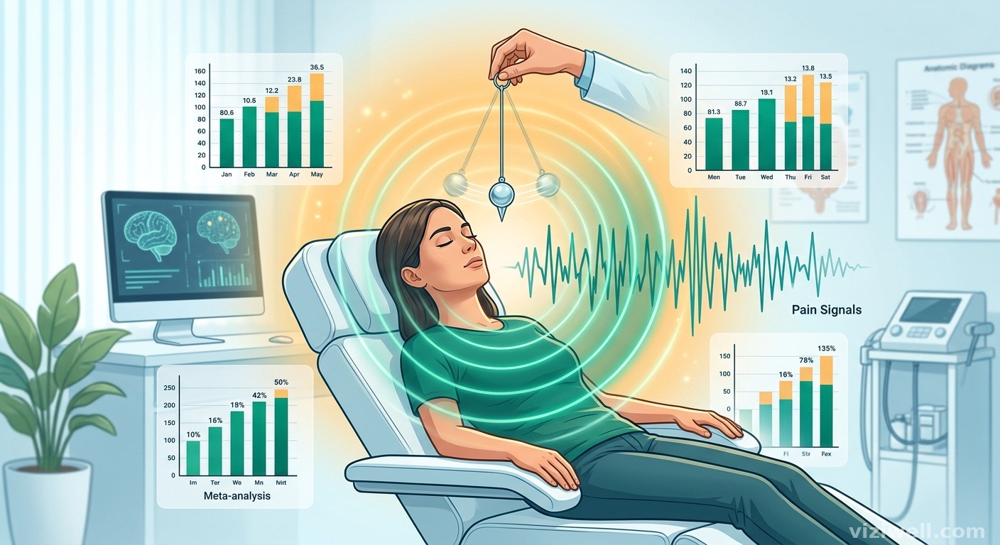 Illustration d'une scène d'hypnose médicale avec un pendule créant des ondes concentriques apaisantes et des éléments de méta-analyse