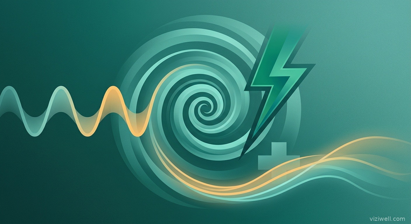 Illustration d'une spirale hypnotique en dégradés de teal apaisant des symboles de douleur aiguë et chronique dans un cadre clinique