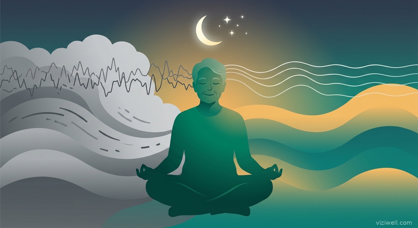 Illustration d'une personne âgée en méditation MBSR avec des ondes passant de gris orageux à un teal apaisant, symbolisant l'amélioration du sommeil