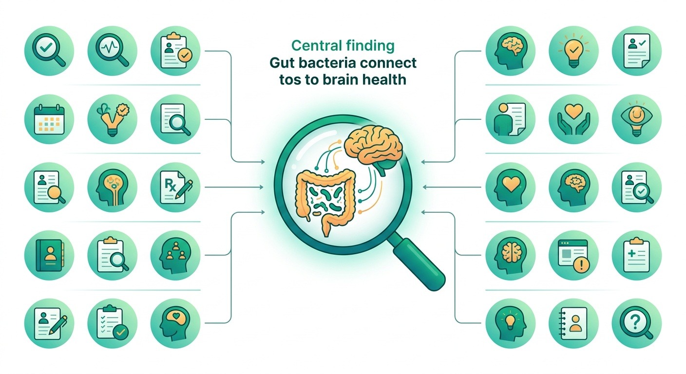 Illustration d'une revue systématique avec des icônes d'études pointant vers la connexion microbiome-santé mentale sous une loupe