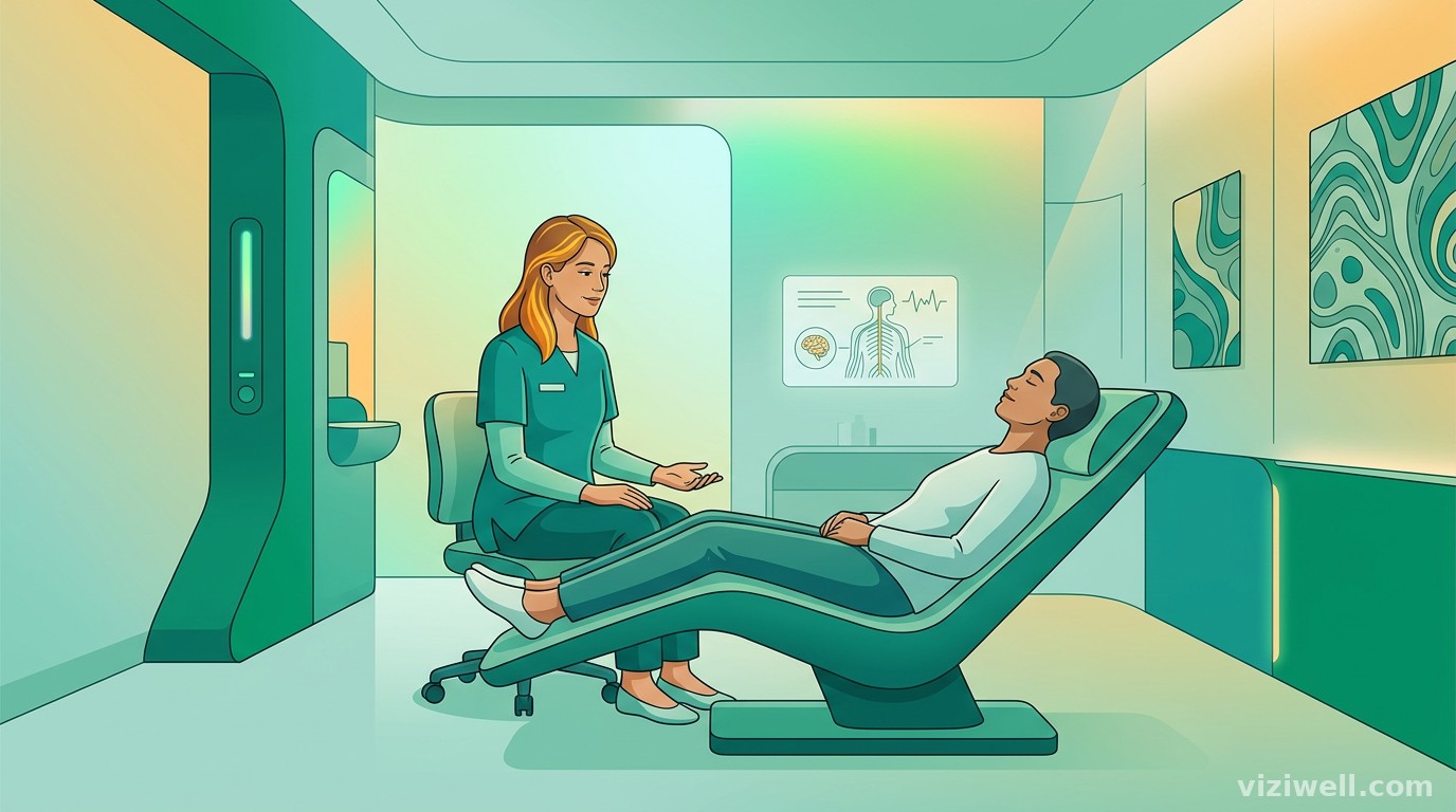 Séance de sophrologie dans un hôpital français moderne avec une atmosphère bienveillante et apaisante
