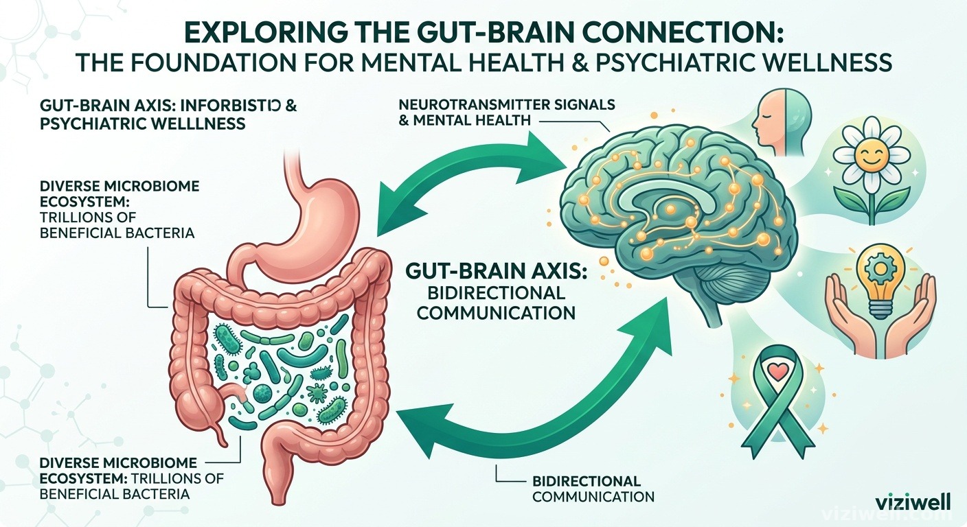 Illustration de la connexion bidirectionnelle intestin-cerveau avec un écosystème microbien diversifié et des signaux de neurotransmetteurs
