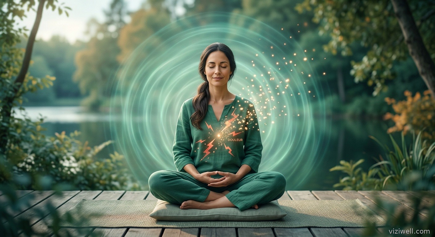 Personne en posture de méditation pleine conscience avec ondes apaisantes irradiant du centre du corps