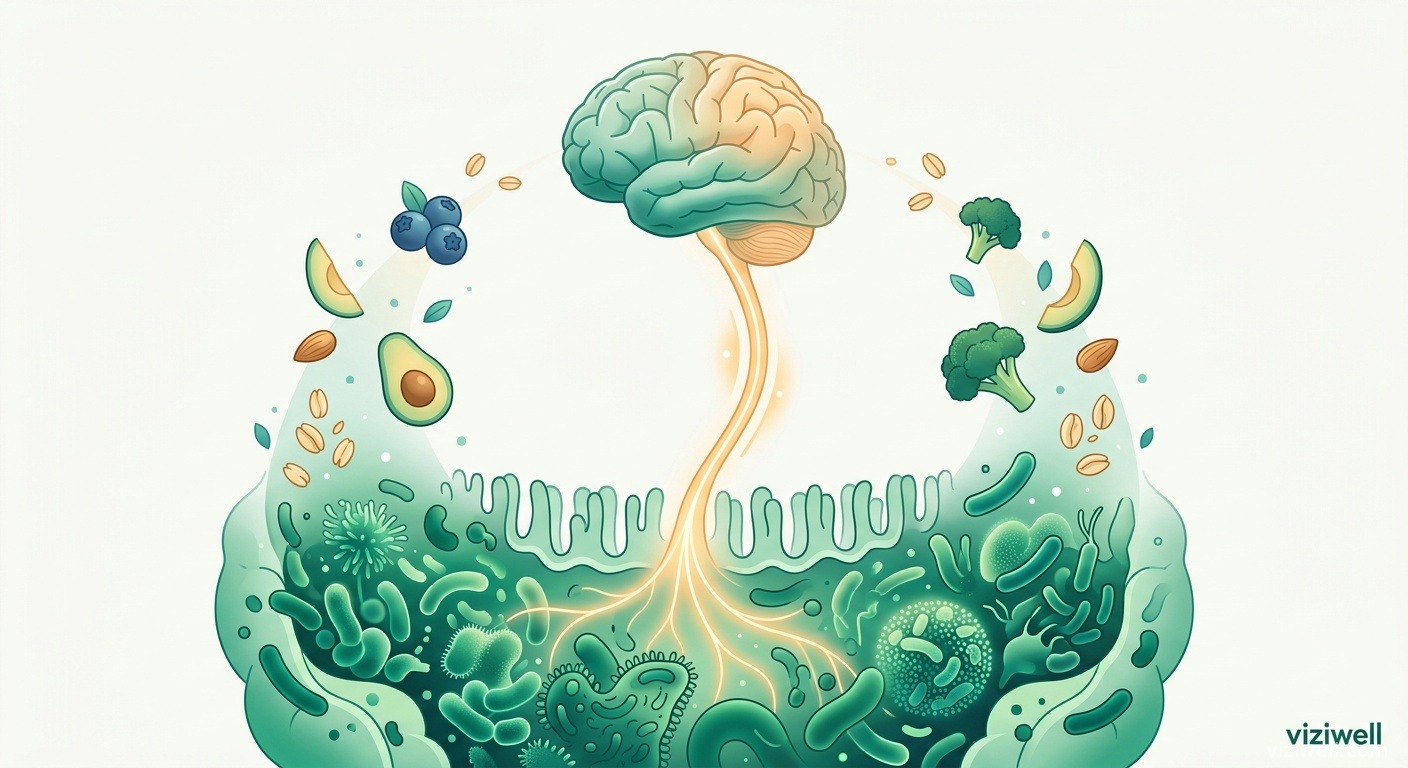 Illustration de l'écosystème du microbiote intestinal connecté au cerveau par le nerf vague lumineux