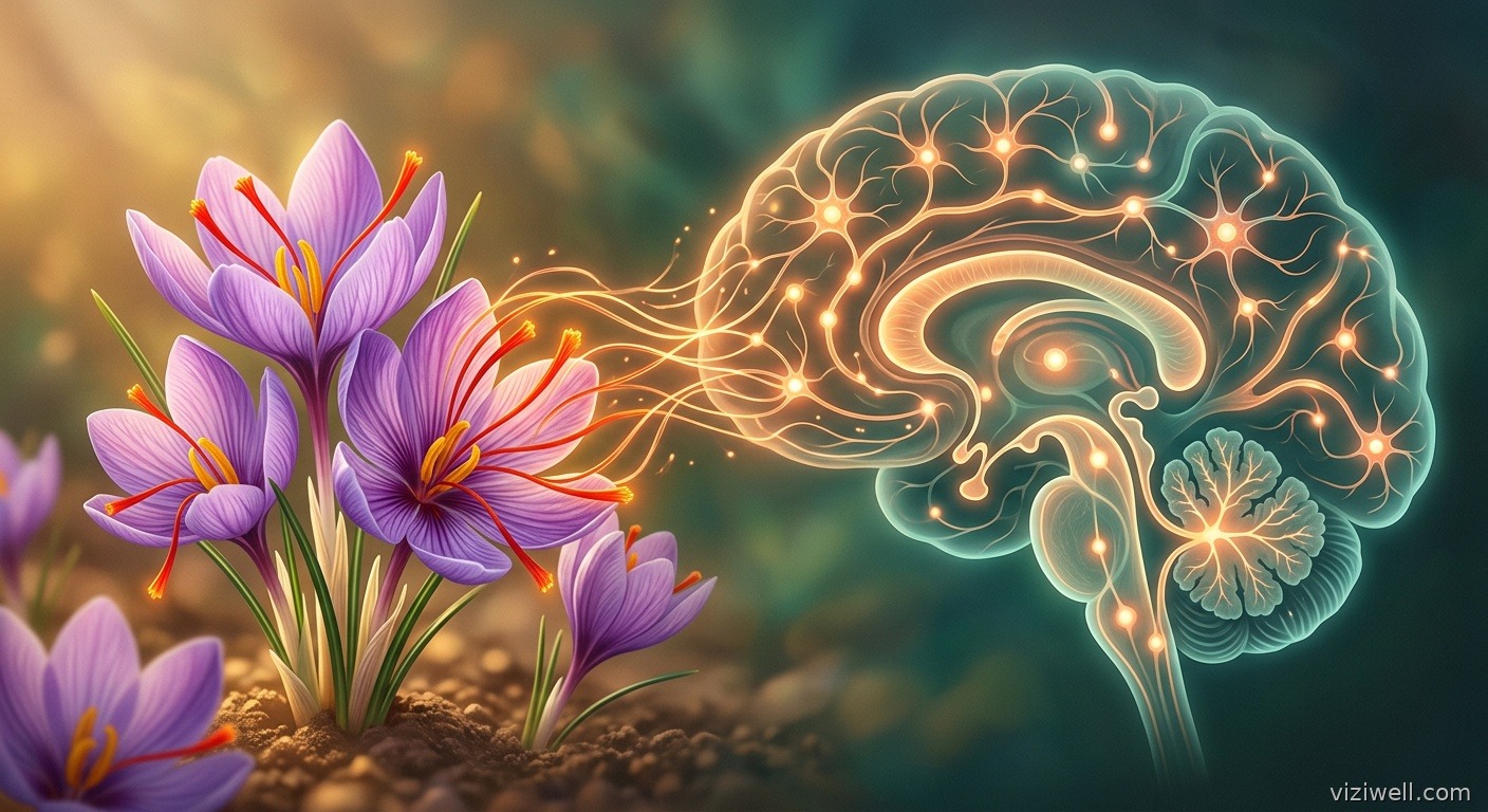 Fleurs de crocus à safran avec stigmates rouges se transformant en réseau neuronal cérébral stylisé
