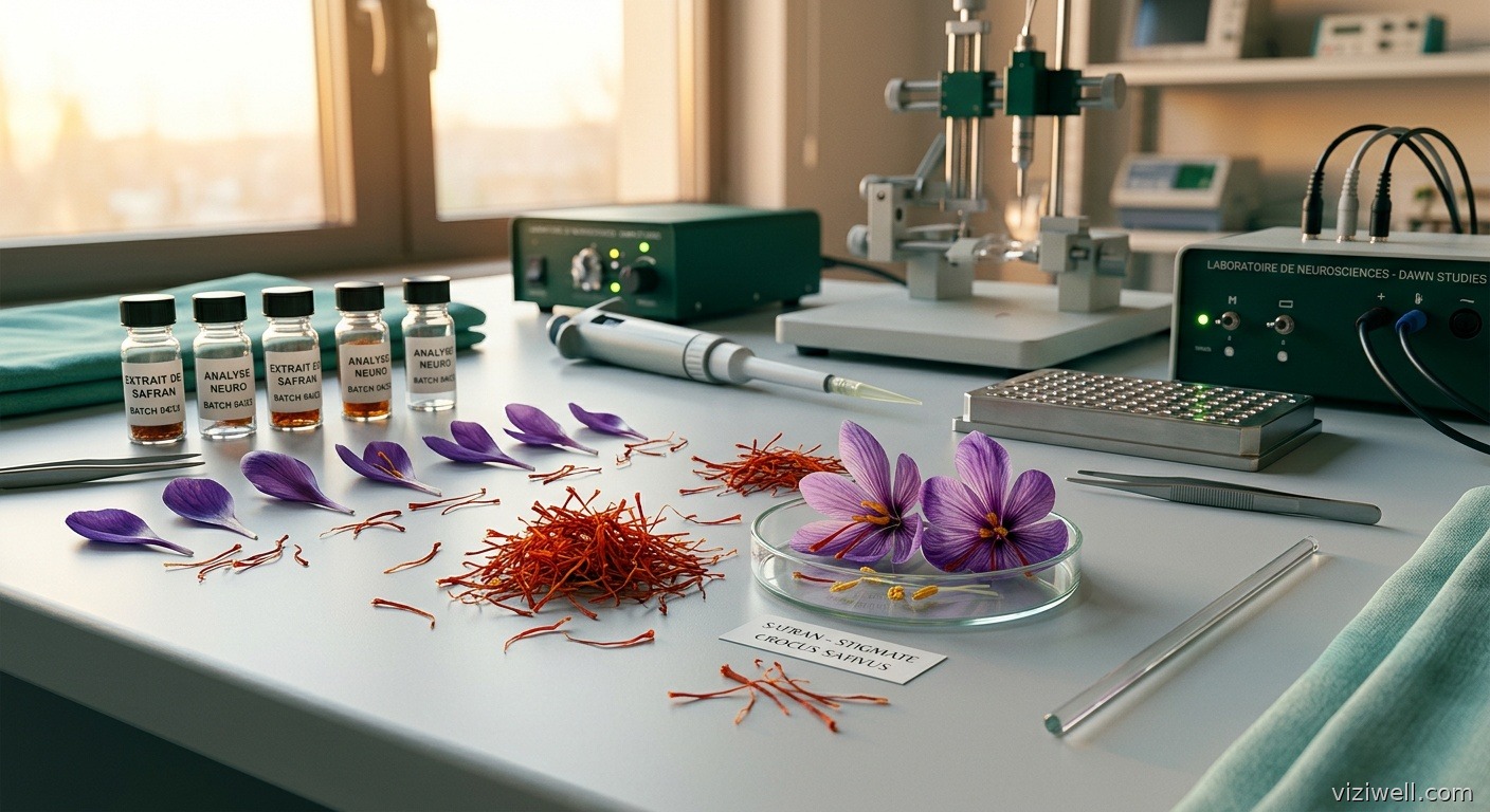 Vue macro de filaments de safran et pétales de crocus sur surface de laboratoire avec instruments de neuroscience