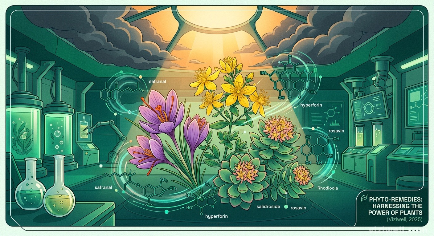 Illustration de phytothérapie moderne avec crocus à safran, millepertuis et rhodiola, structures moléculaires et lumière traversant des nuages sombres