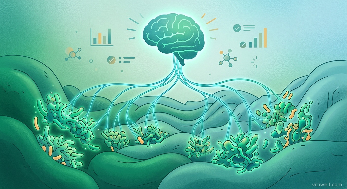 Illustration d'un paysage intestinal avec des colonies probiotiques connectées par des voies neuronales à un cerveau serein