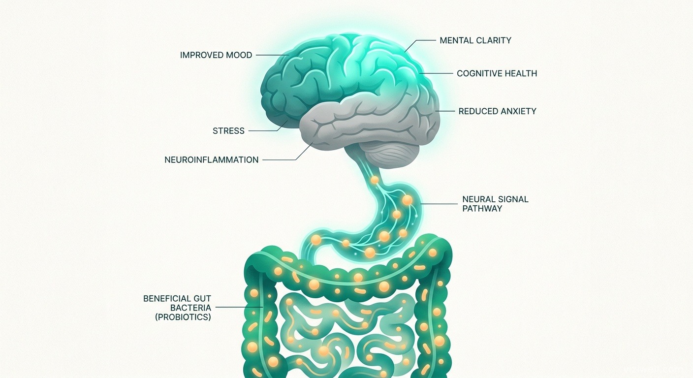 Illustration de l'axe intestin-cerveau avec des bactéries bénéfiques voyageant le long de voies neuronales vers le cerveau