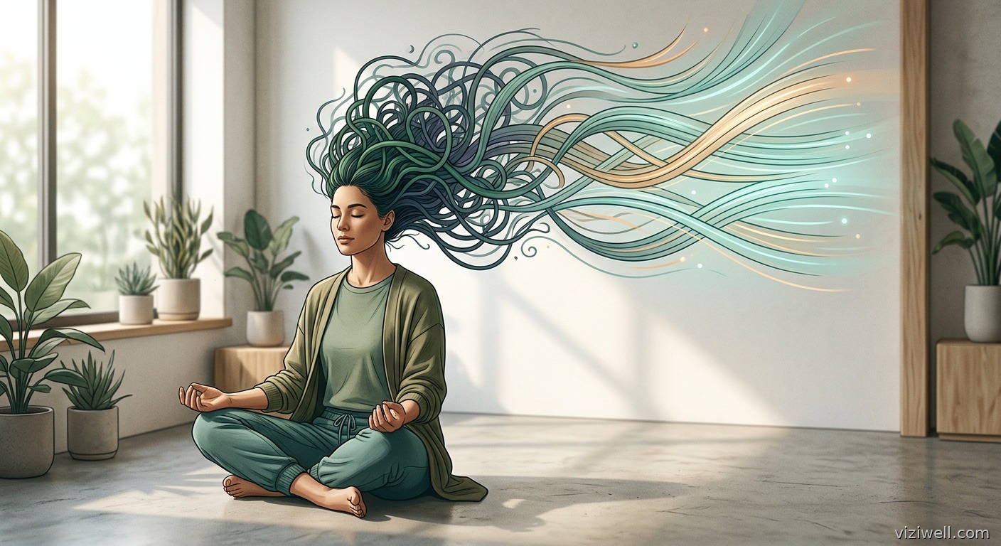Figure humaine en méditation avec pensées négatives se transformant en flux lumineux organisés par la pleine conscience