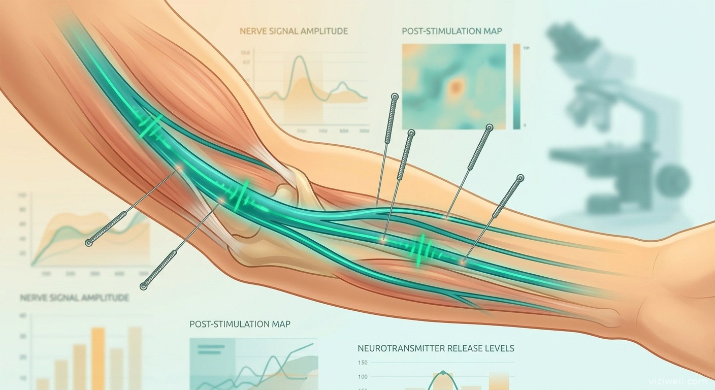Voie nerveuse périphérique illuminée avec aiguilles d'acupuncture et impulsions d'énergie thérapeutique