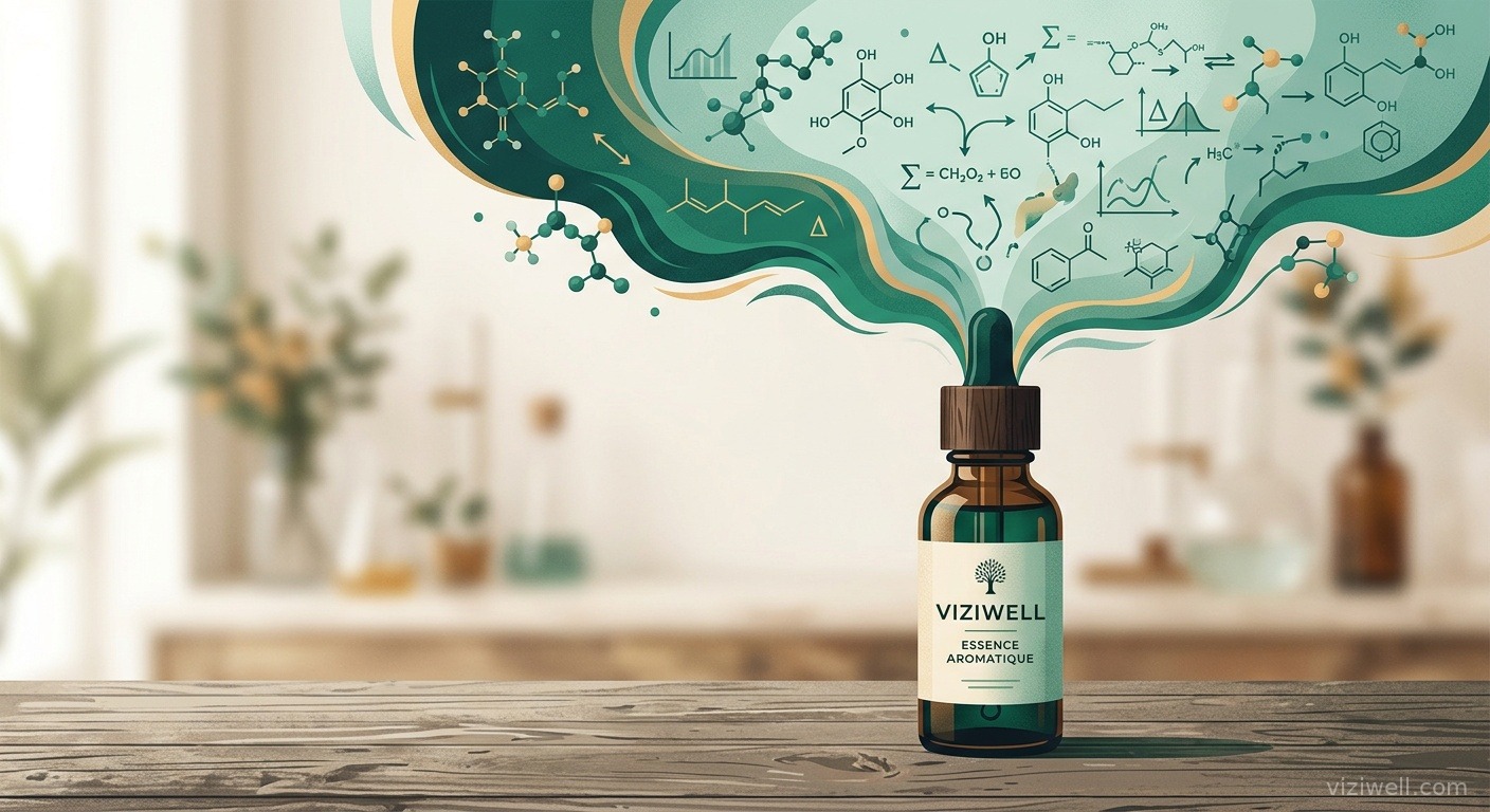 Flacon d'huile essentielle élégant avec volutes aromatiques se transformant en symboles scientifiques abstraits