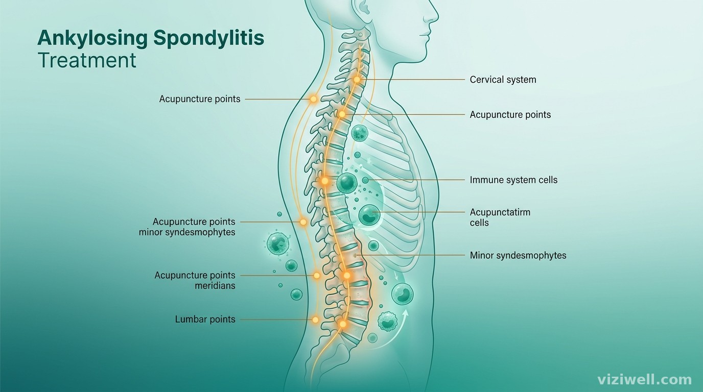 Colonne vertébrale avec points d'acupuncture et cellules immunitaires pour le traitement de la spondylarthrite ankylosante