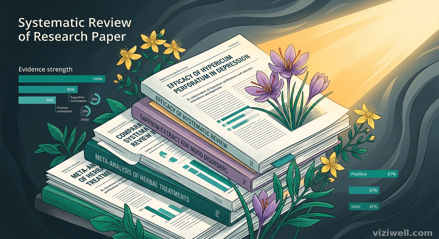 Illustration d'une revue systématique avec des articles scientifiques empilés et des éléments botaniques de millepertuis et safran