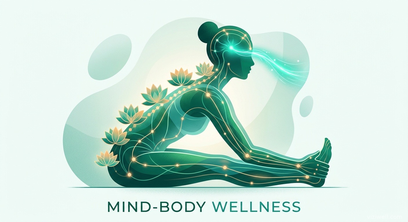 Illustration d'une posture de yoga avec des méridiens corporels et des fleurs de lotus le long de la colonne vertébrale symbolisant la connexion corps-esprit