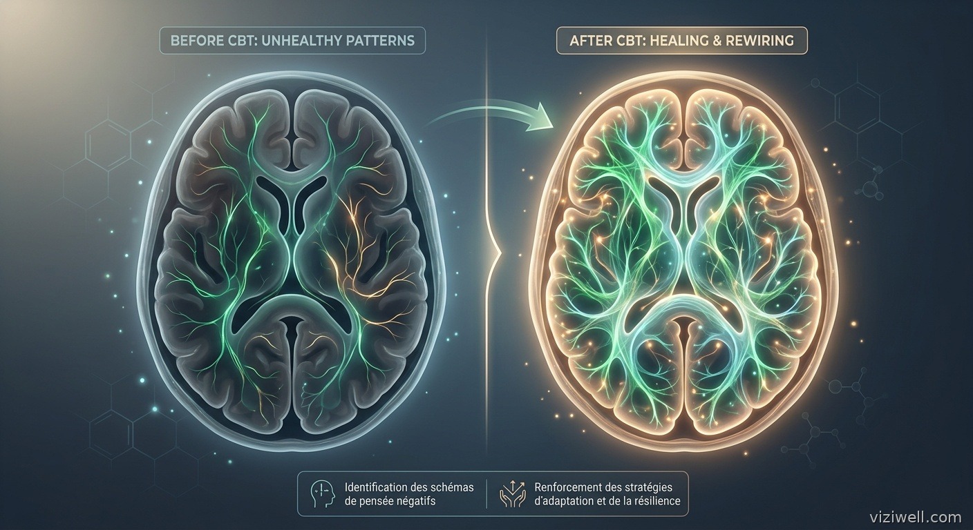 Scan cérébral lumineux montrant la transformation neuronale par la thérapie cognitivo-comportementale