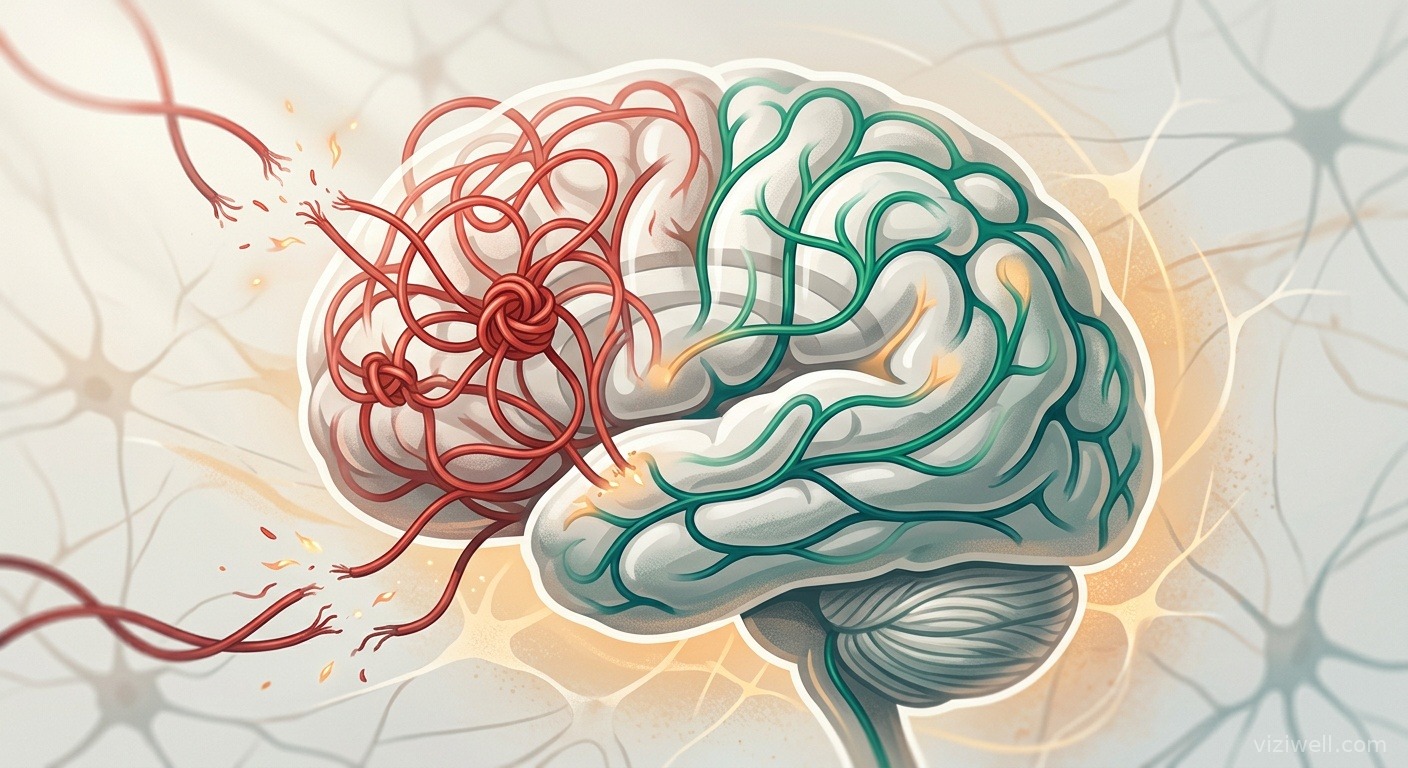 Illustration du cerveau désapprenant la douleur via la Pain Reprocessing Therapy, chemins neuronaux passant du rouge à l'émeraude