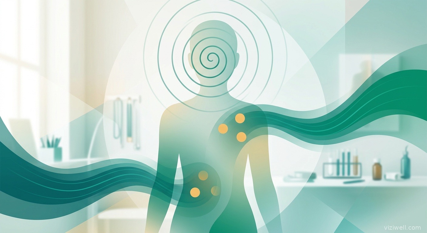 Illustration d'un motif en spirale hypnotique apaisant des signaux de douleur clinique représentés par des ondes calmantes