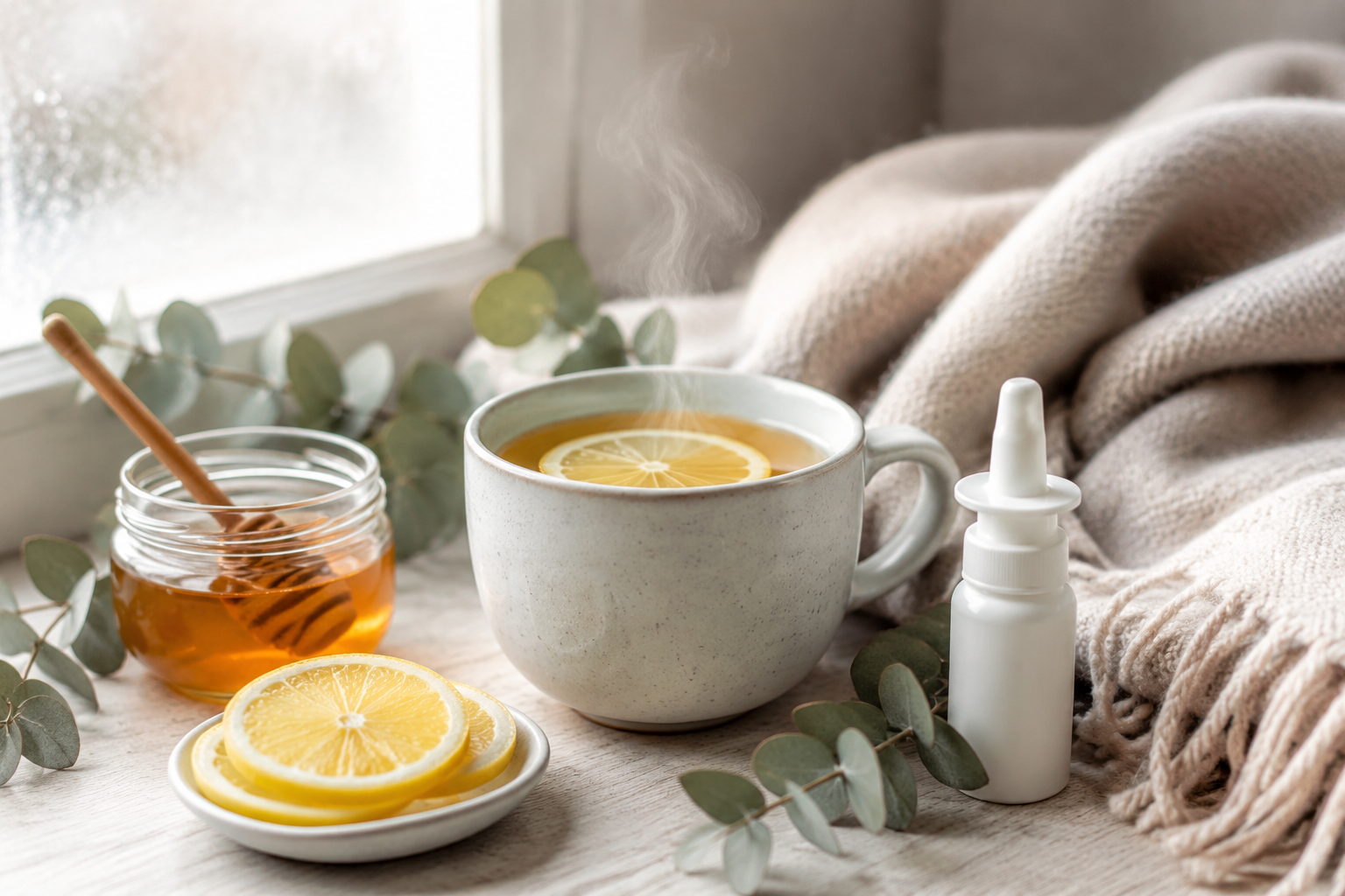 Tisane chaude, citron, miel et eucalyptus sur une table en bois près d'une fenêtre, ambiance douce de soin hivernal