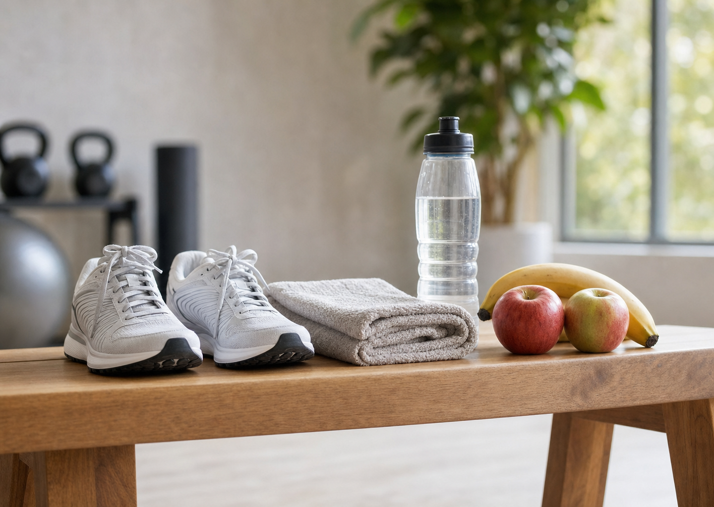 Chaussures de running, serviette, gourde d'eau et fruits frais sur un banc clair, ambiance saine de récupération sportive