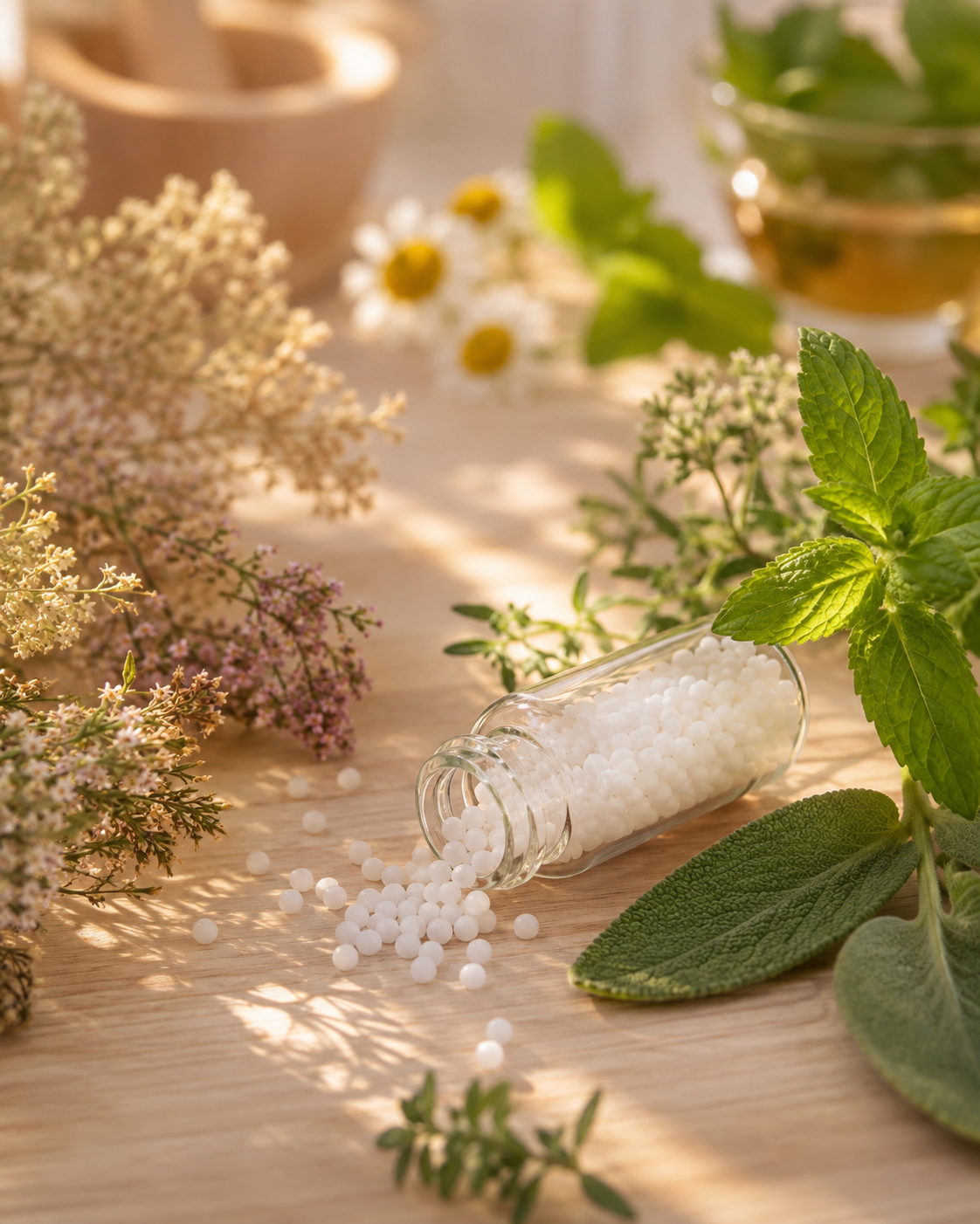 Granules d'homéopathie et plantes médicinales dans une ambiance douce et apaisante