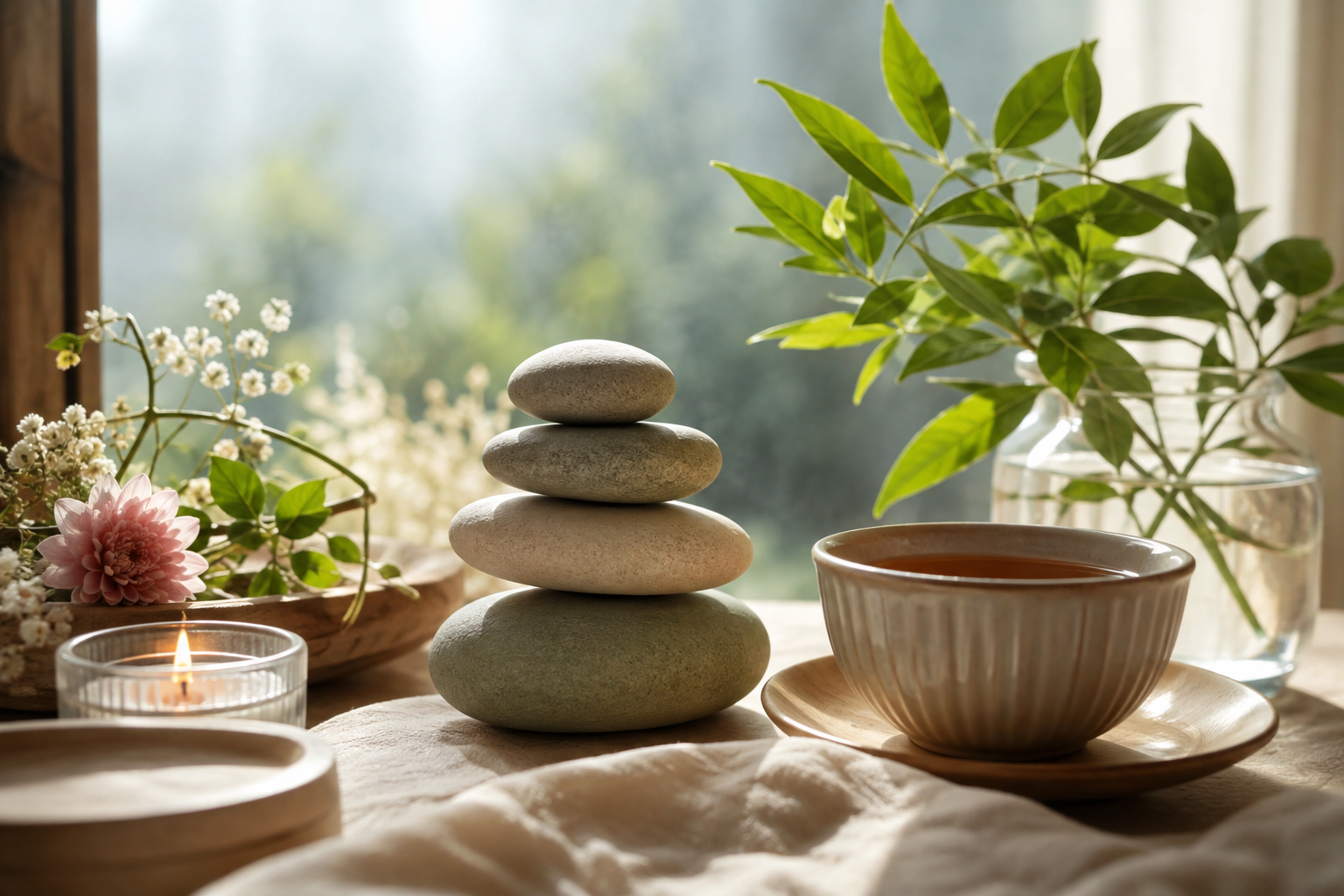 Scène de bien-être et de sérénité évoquant l'équilibre intérieur et l'harmonie hormonale