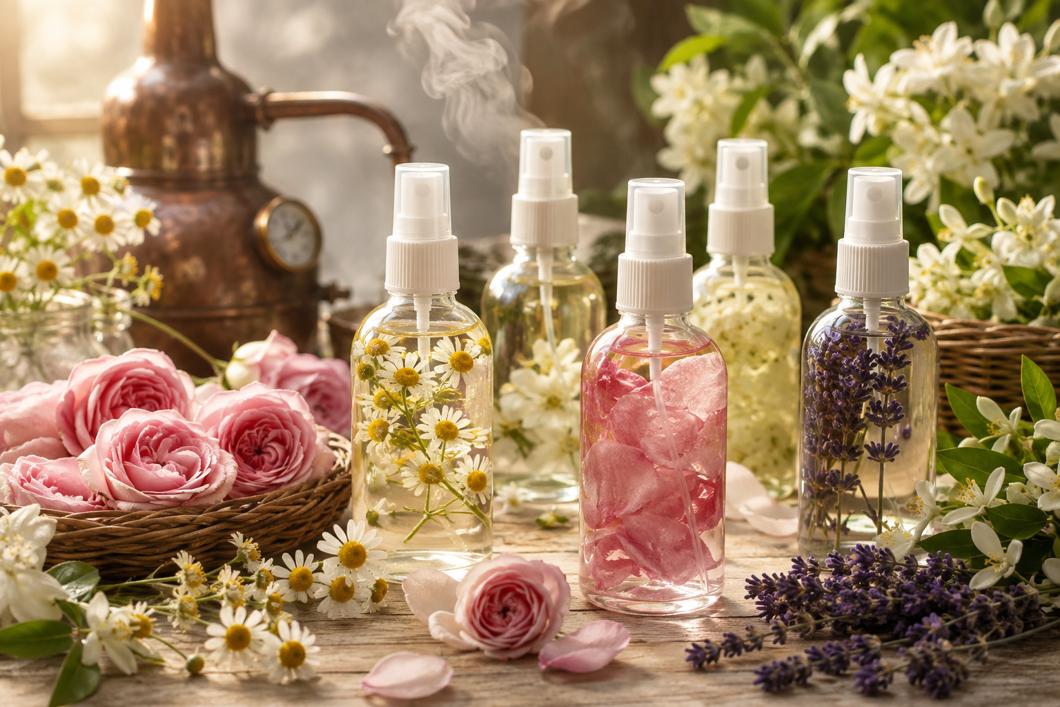 Flacons d'hydrolats et eaux florales entourés de fleurs de camomille, rose, lavande et fleur d'oranger dans une lumière douce