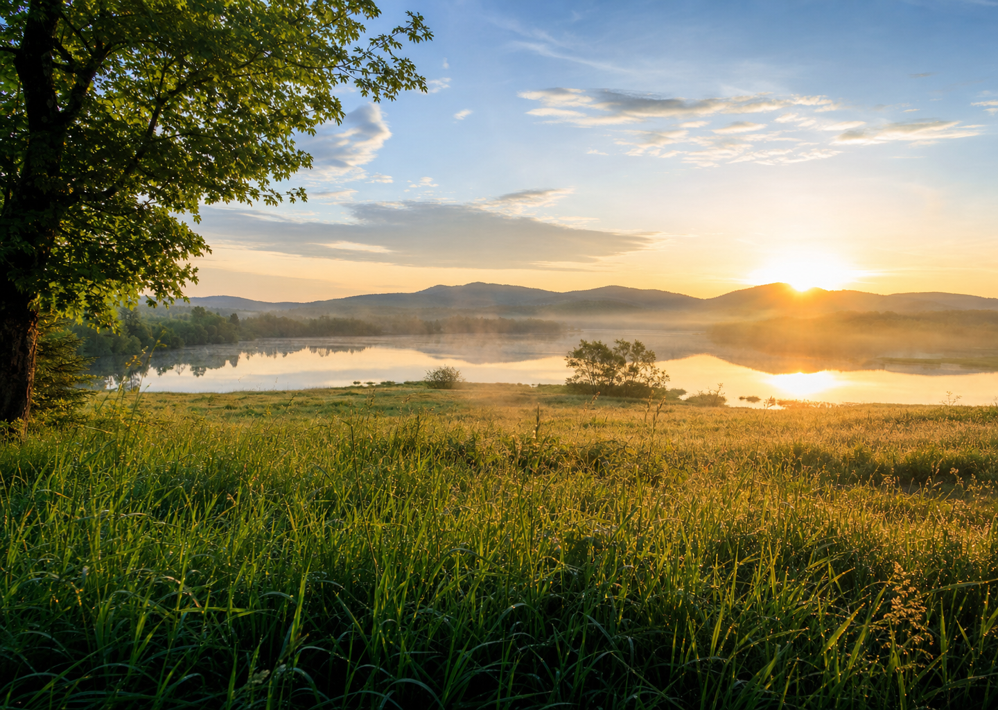 Paysage naturel lumineux au lever du soleil, prairie et lac paisible sous un ciel dégagé, symbole d'air pur, de liberté et de nouveau départ après l'arrêt du tabac.