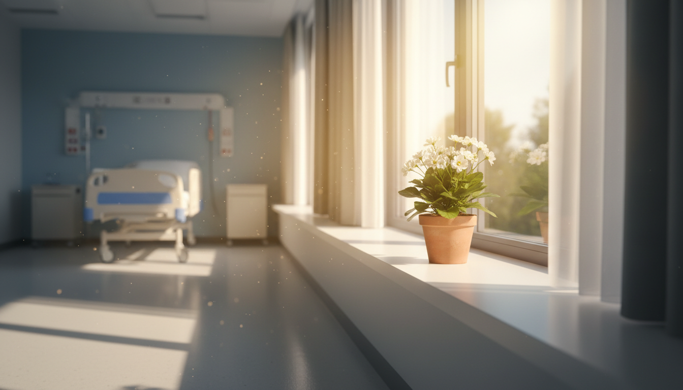 Fenêtre de chambre baignée de soleil avec une petite plante fleurie sur le rebord, tons doux et porteurs d'espoir
