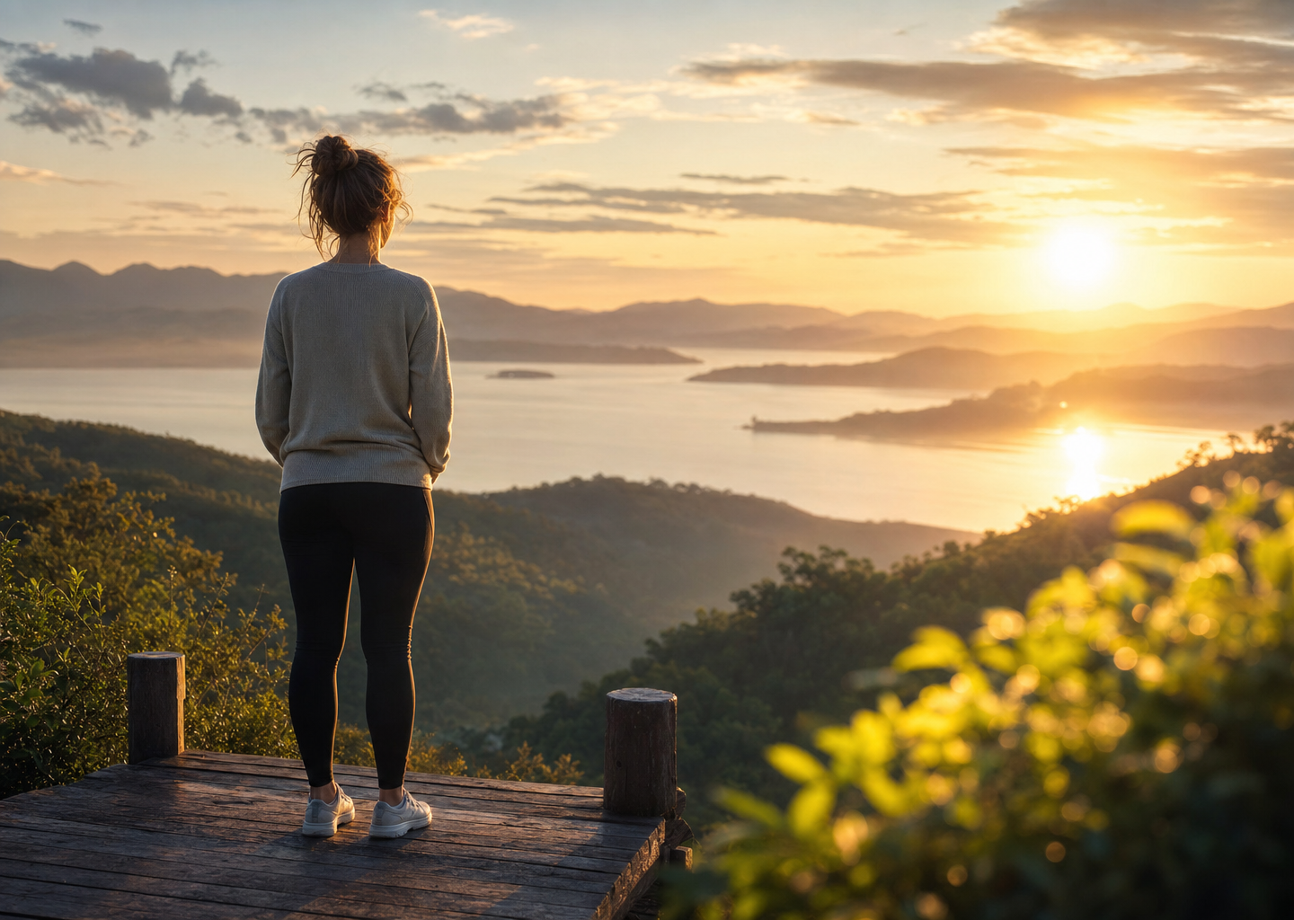 Personne sereine de dos face à un large horizon lumineux au lever du soleil, nature verdoyante et lumière dorée, ambiance inspirante évoquant la confiance en soi retrouvée