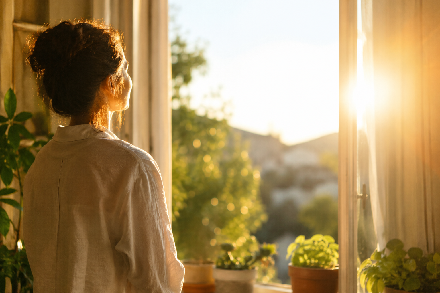 Personne apaisee et confiante regardant vers la lumiere, symbole d'un dialogue interieur assoupli et de croyances limitantes qui se desserrent grace a l'hypnose